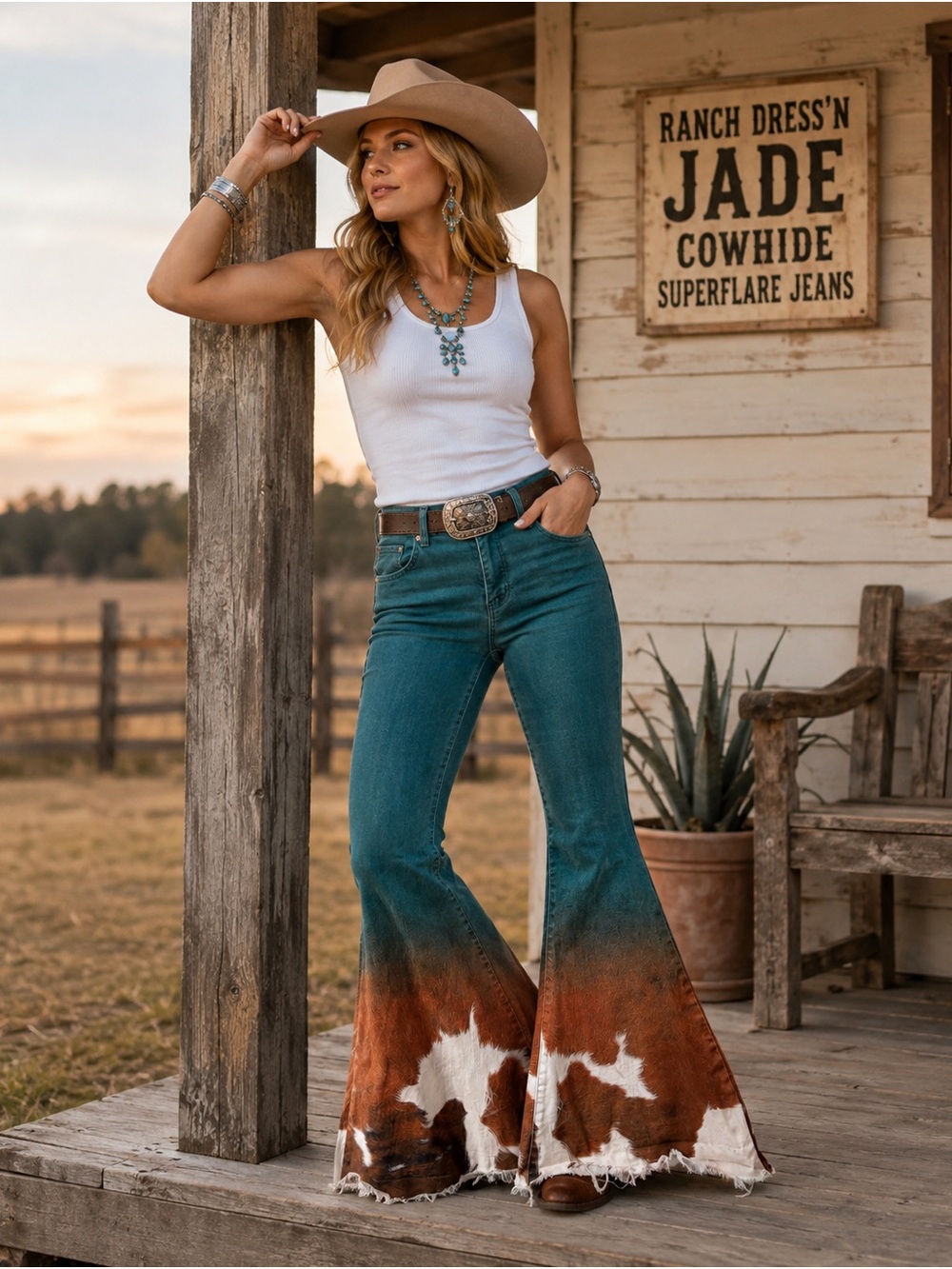 Ranch Dress’n Jade Turquoise Cowhide Print Superflare Stretchy Jeans Size 14